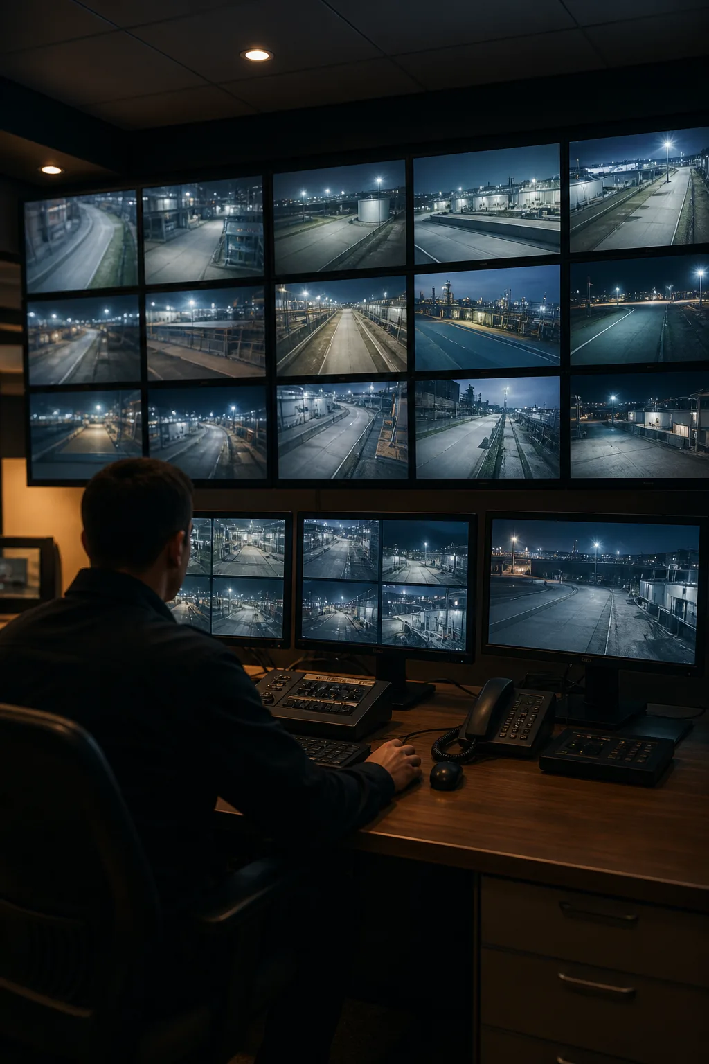 Industrial security control room with CCTV monitoring screens.