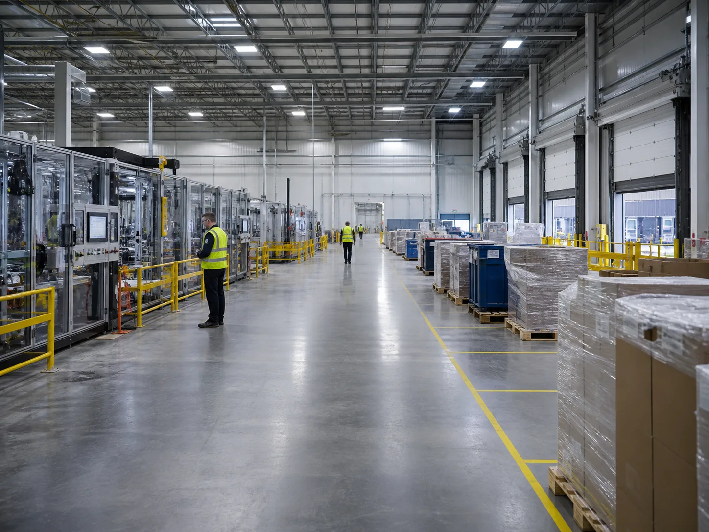 Modern factory floor with production lines and workers in safety vests.