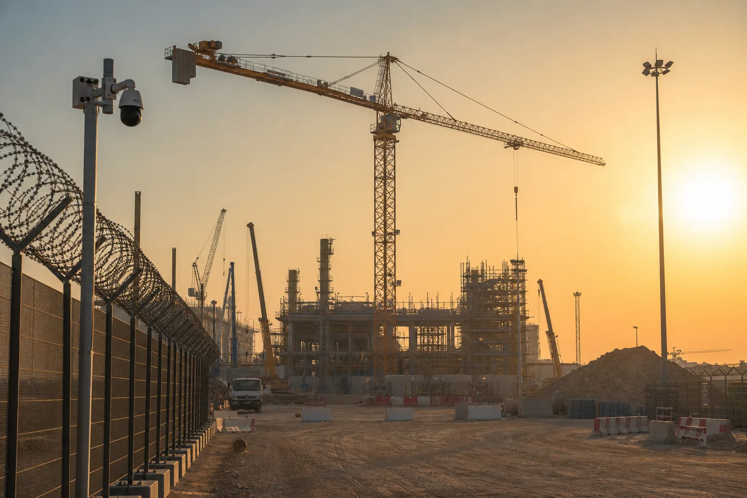 Industrial construction site with perimeter fencing, crane, and security camera.