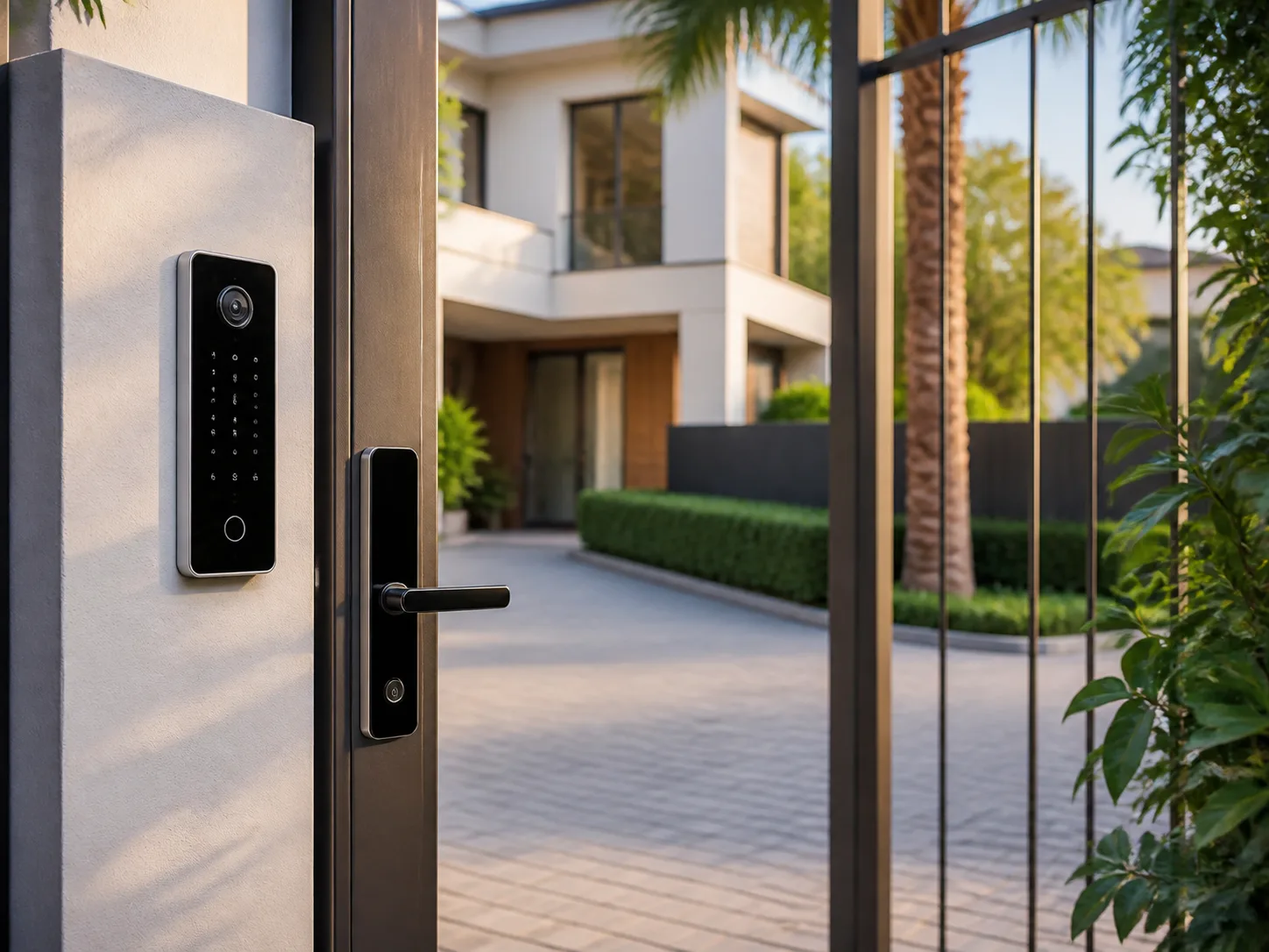 Smart access keypad and lock at a premium residential gate.